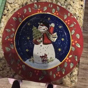 Cheerful Snowman Holiday Plate - Red and Blue